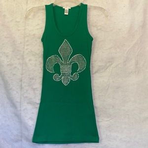 Kelly Green Rhinestone Fleur De Lis Bling Sleeveless Sparkly  Tank Top Size S
